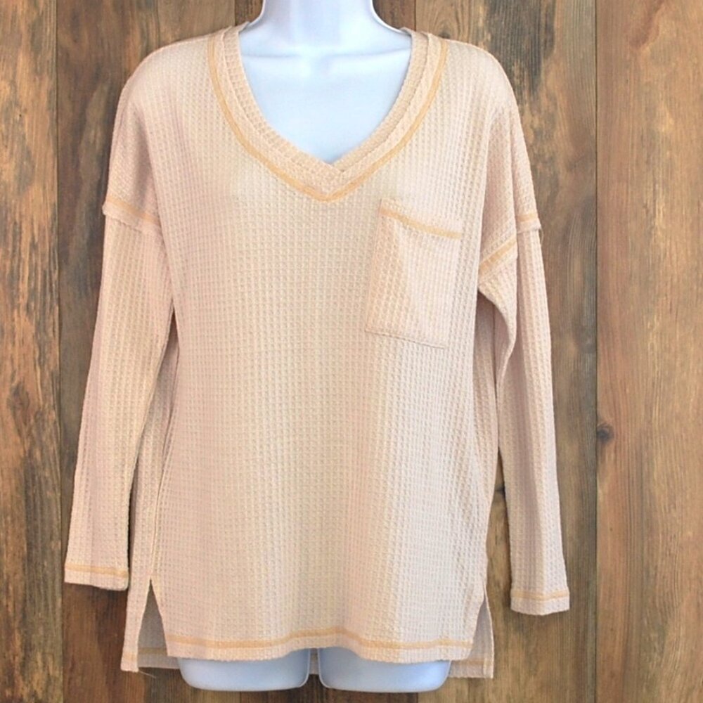 Reborn J V Neck Women's Cream Waffle Knit Sweater Top  S